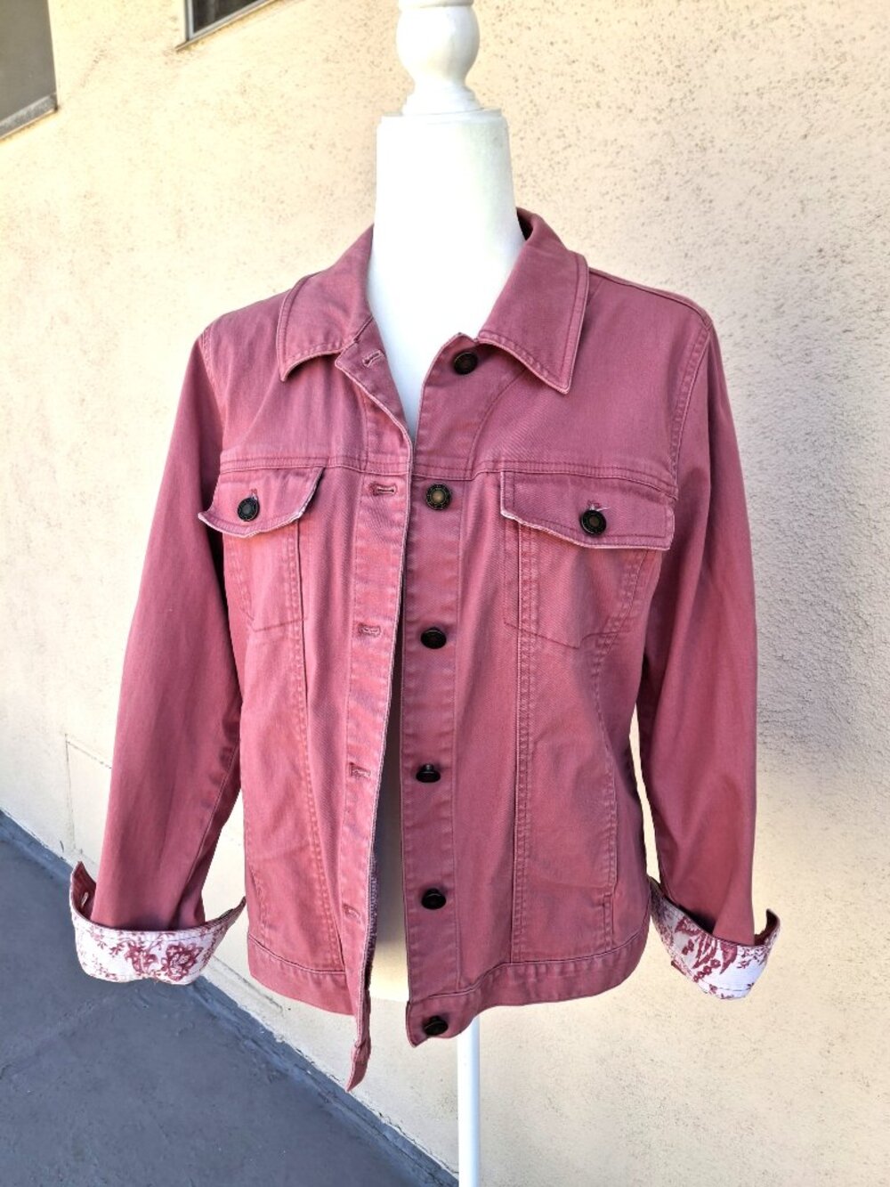 Denim & Co. Denim Jacket, Button-Front, Pockets, Botanical Print Trim, Size M - Picture 2 of 12